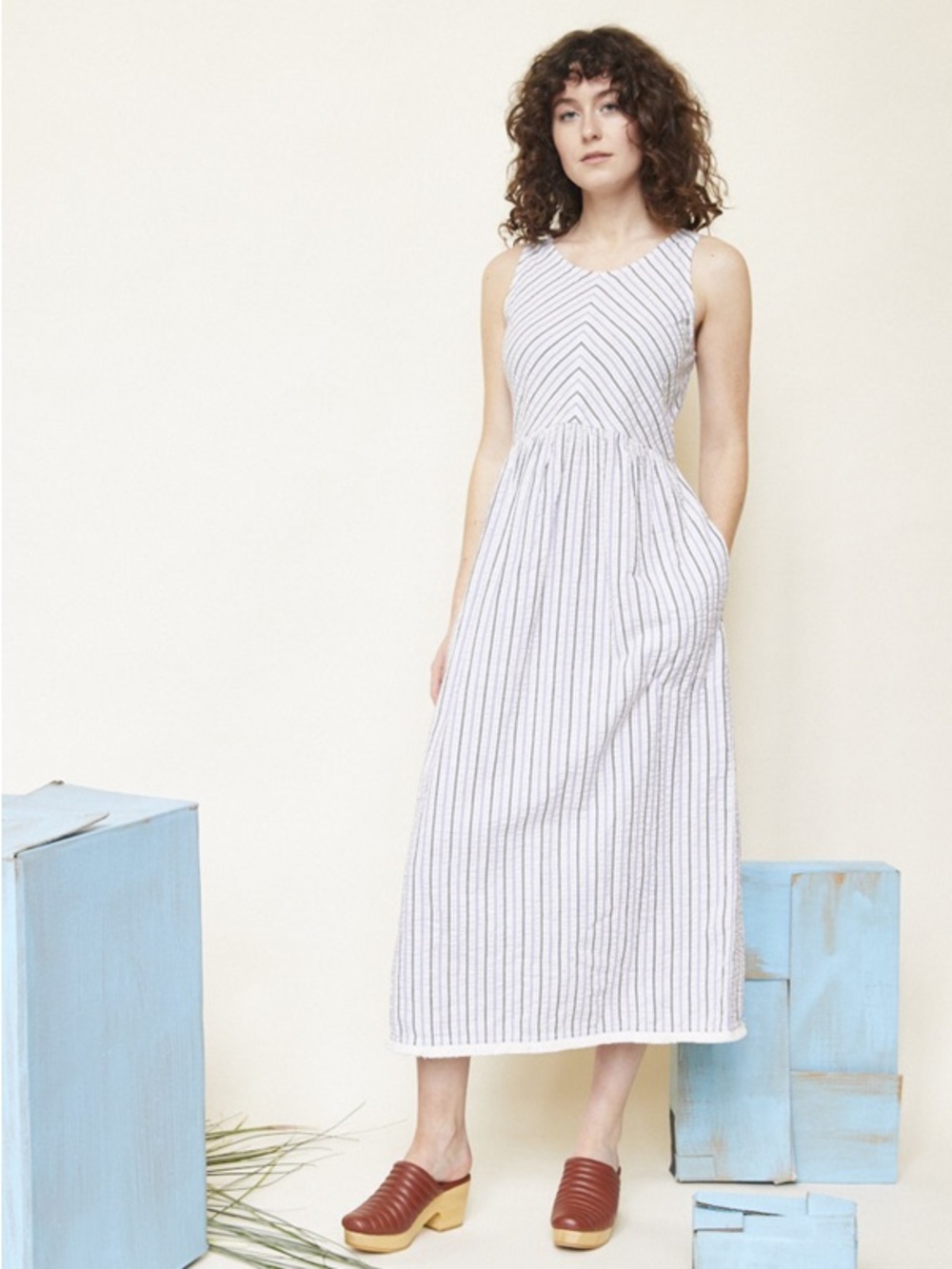 Lilla P Striped Seersucker Button Back Midi Dress Size M NWOT